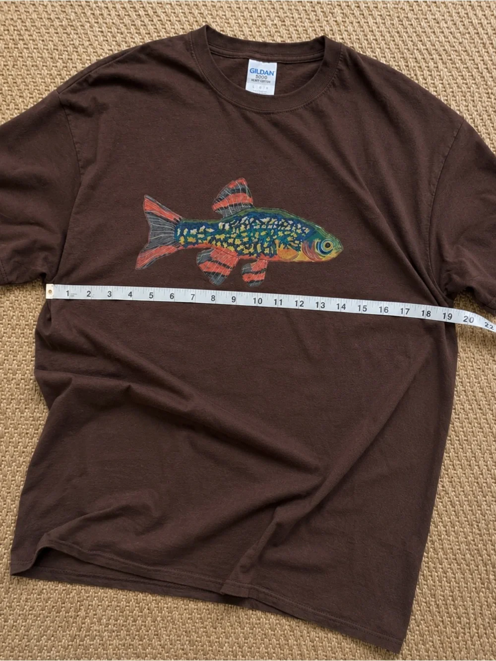 Gildan Brown Tee with Colorful Fish Illustration